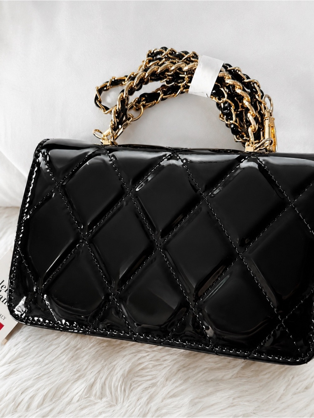 NWT Valentino Orlandi Black Quilted Patent Shoulder Bag with Gold Chain - Picture 3 of 4